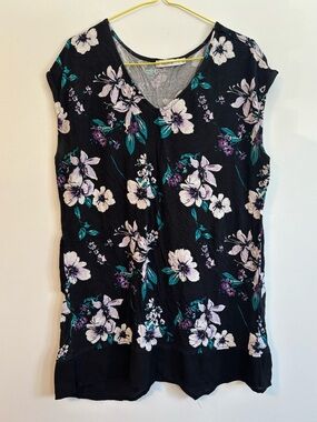 RICKI’S Floral Top Short Cap Sleeve Blouse Black Purple Green Blue Violet Large